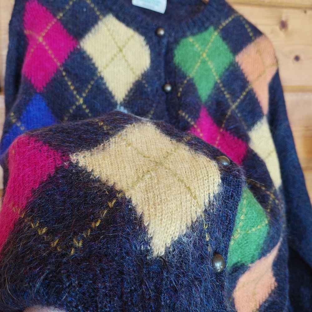 Vintage United Colors Benetton Button Up Argyle Cardigan Sweater Wool Prep Sz L - Picture 3 of 7